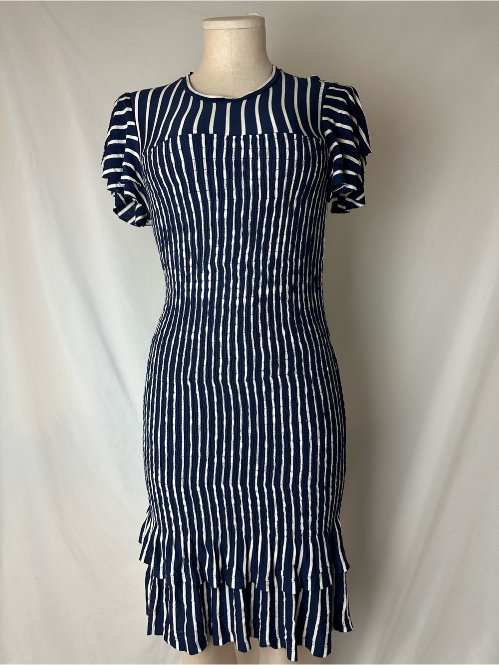 DOLAN Navy & White Vertical-Stripe Midi Dress with Ruffle Hem